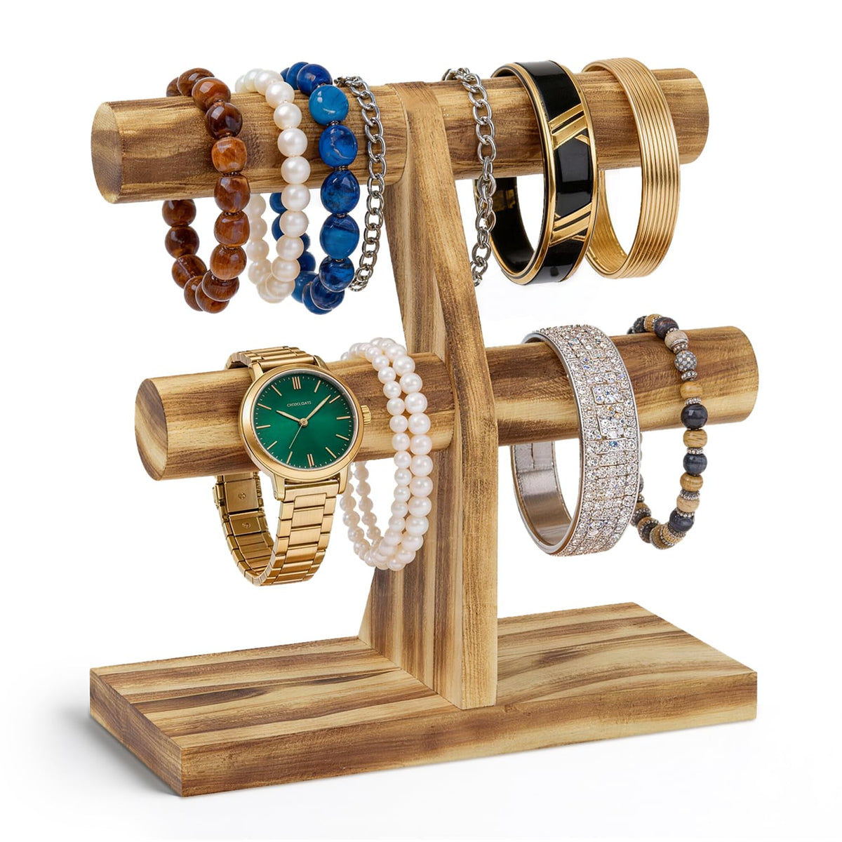 EsLuker.ly Bracelet Holder Display Wooden Stand Organizer, T Bar Bangle Storage Rack for Home Vendors Business Selling, Large Capacity 2 Tier Jewelry Tree Tower for Watches, No Clutter, Rustic Brown