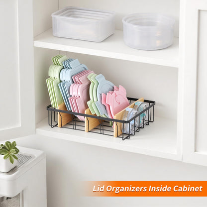 CACHOLIV 2-Pack Adjustable Lid Organizers - Large Kitchen Cabinet Organizer for Food Storage Container and Tumbler Cup Lids with 6 Bamboo Dividers -Organizers in Kitchen/Pantry/Laundry Room(Size:M+L)