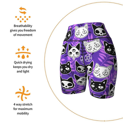 Purple Ghost Cat Witchy Women's High Waist Bike Shorts for Workout Sports Athletic Running Hiking Biker Yoga Gym Medium Size