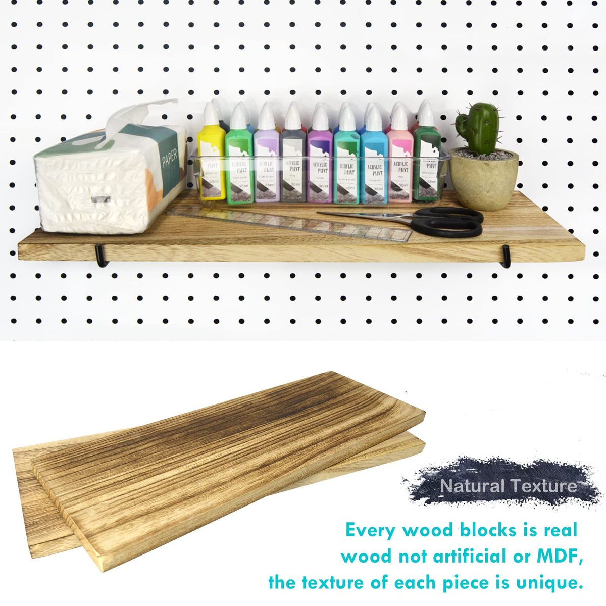 2 Pack Wooden Pegboard Shelves, 1/4 inch Peg Board Organizer Accessories, Shelves and Baskets Brackets, Display and Storage Shelving Rack for Garage Workbench Art Craft Room Office Hobby Workshop