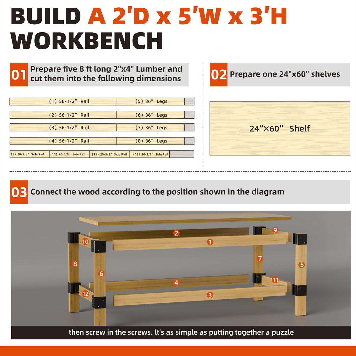 Workbench Bracket Kits - Workbench and Shelving Hardware Kit - Heavy Duty Steel Workbench Corner Bracket - DIY Workbench Kit - 8 Pcs & 80 Screws - Fits 2x4 Wood (Actual 1.5"x3.5")