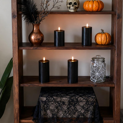 Lezonic Black Flameless Candles with Remote, LED Battery Operated Flickering with Timer, 4 Pack Glossy Wax Drips Design Real Wax Pillar for Halloween Decor, Centerpiece, Birthday Gifts (4/5/6/8 Inch)
