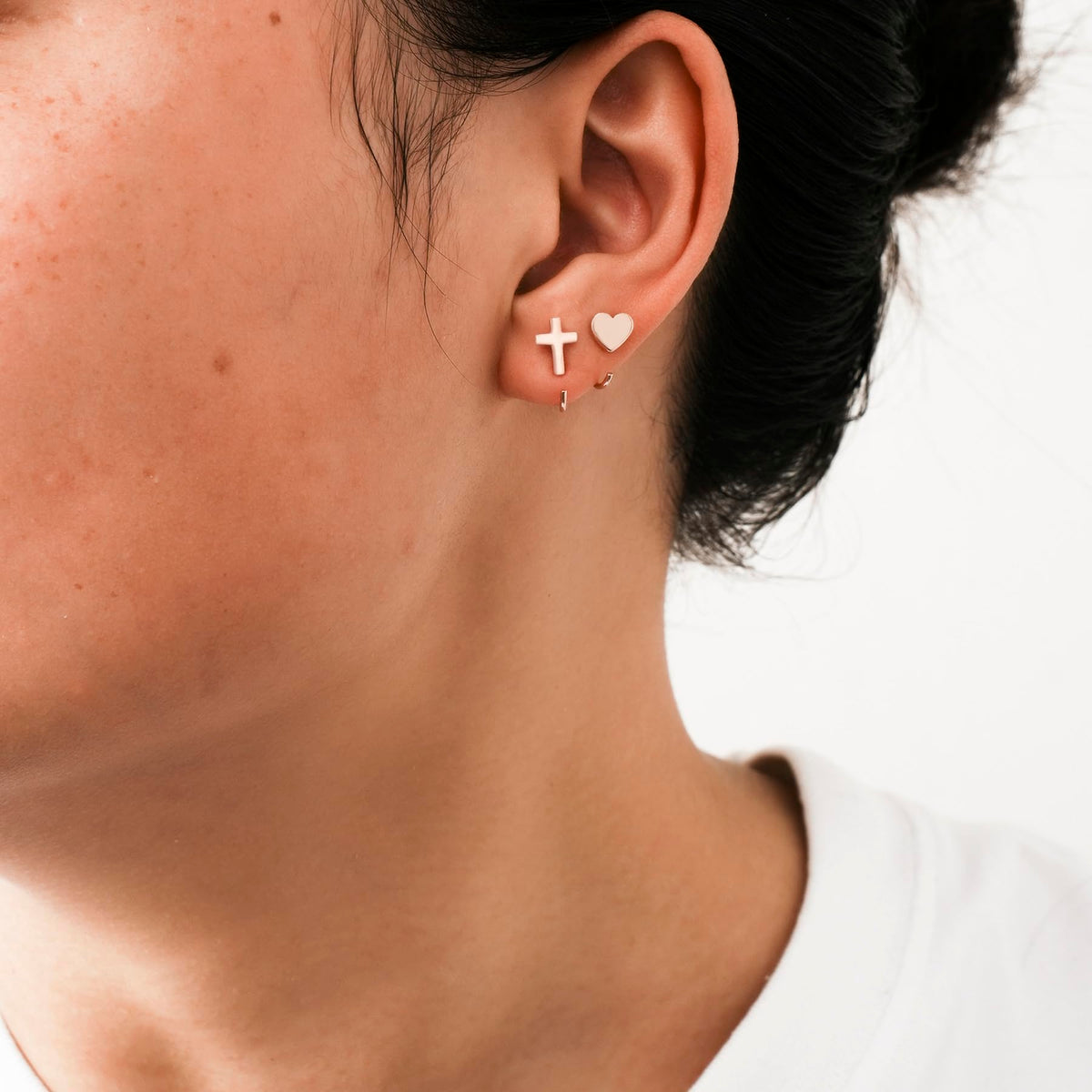 Half Hoop Earrings 18K Rose Gold Plated 925 Sterling Silver Cross & Heart Huggie Earrings Open Huggie Hoop Earrings Huggy Sleep Earrings for Women 2 Pairs