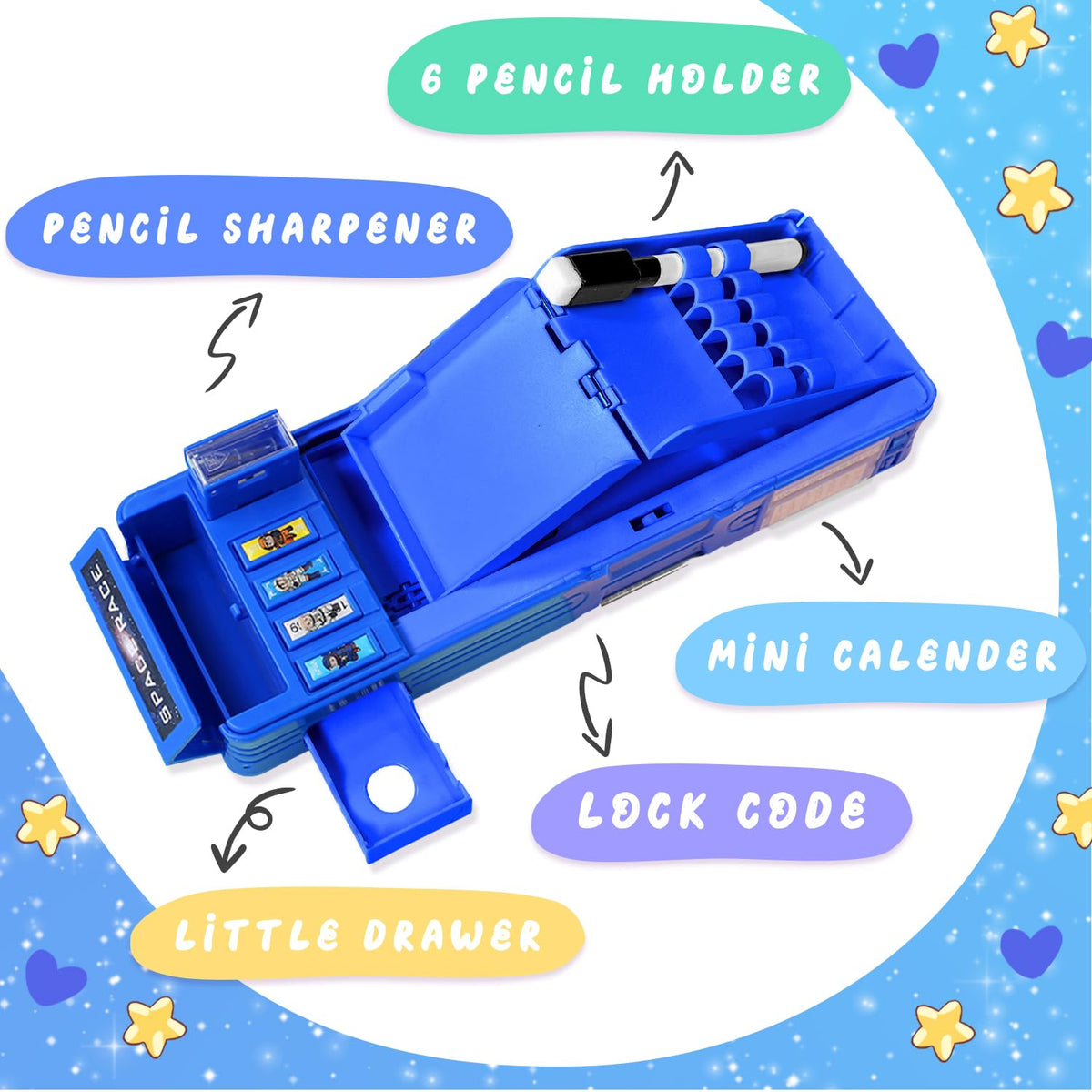 LilyBeauty Pop Up Multifunction Pencil Case for Girls and Boys, Cute Cartoon Pen Box Organizer Stationery, Sharpener, Schedule, Whiteboard, School Supplies, Best Gifts for Kids (Blue Space)