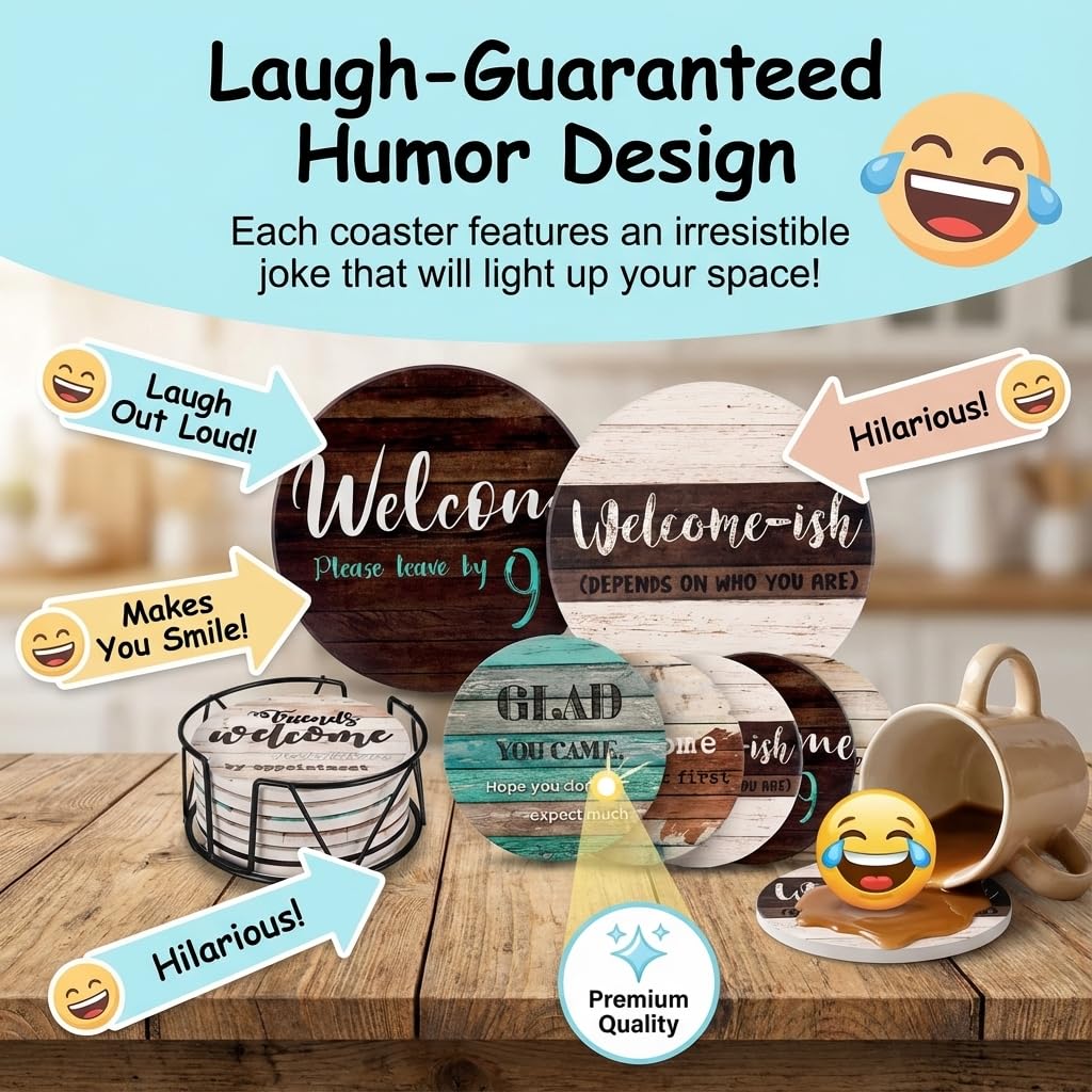 Funny Coasters - House Warming Gifts New Home - Housewarming Gifts for Women, Men, Couple, New Homeowner - Farmhouse Bar Coasters for Drinks with Holder - First Apartment Essentials