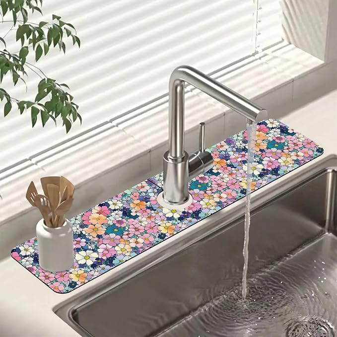 Sink Faucet Absorbing Mat Cute Flowers Sink Splash Guard Drying Mat