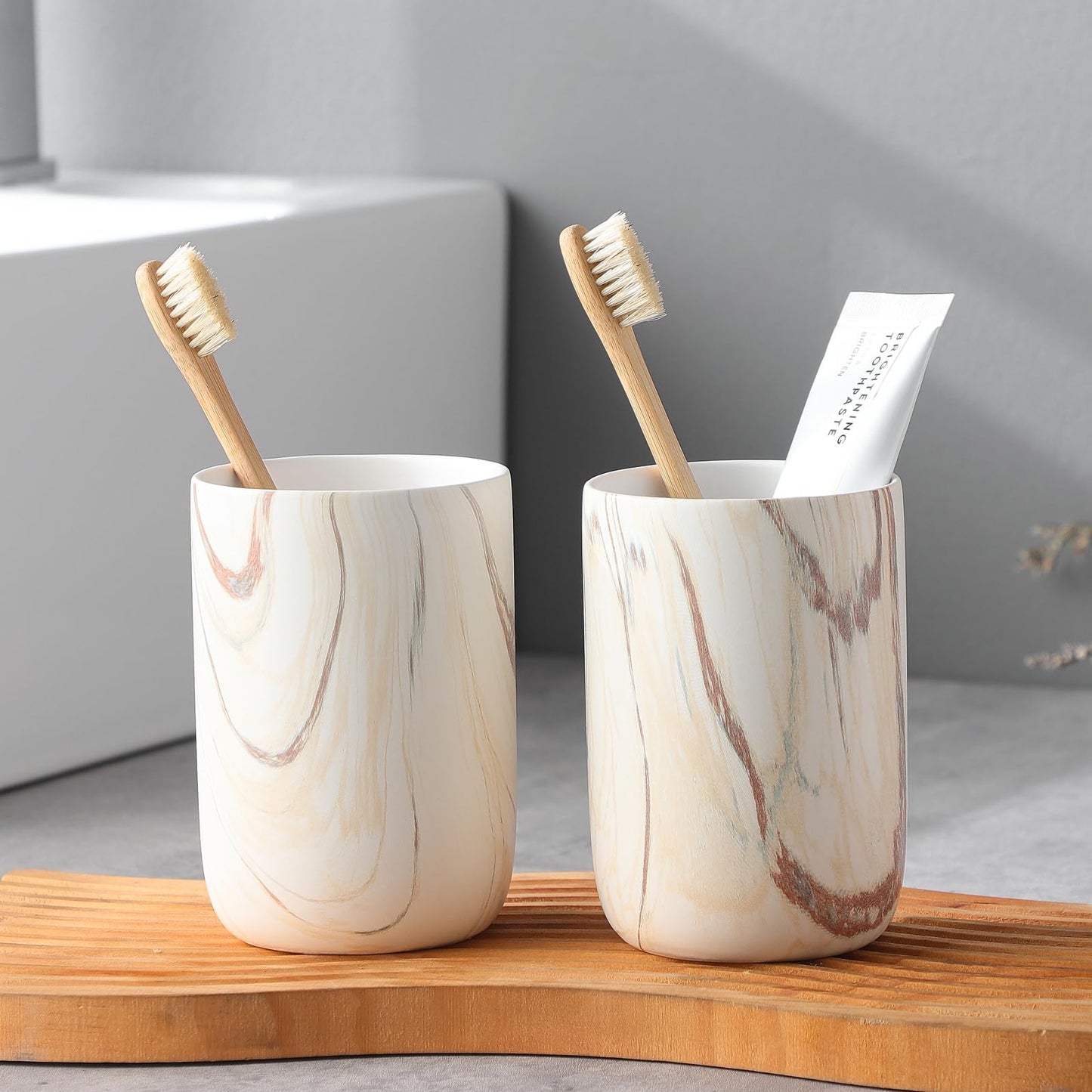 Brown Marble Toothbrush Holder - Ceramic Toothbrush Holder for Bathrooms, Toothbrush Toothpaste Holders, Marble Bathroom Tumbler Cups Reusable Toothbrush Mouthwash Cup, Bathroom Counter Organizer