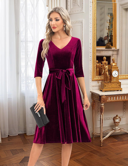 Bbonlinedress Velvet Vintage Cocktail Tea Formal Wedding Guest Midi Prom Long Sleeve Christmas Dress Burgundy 3XL