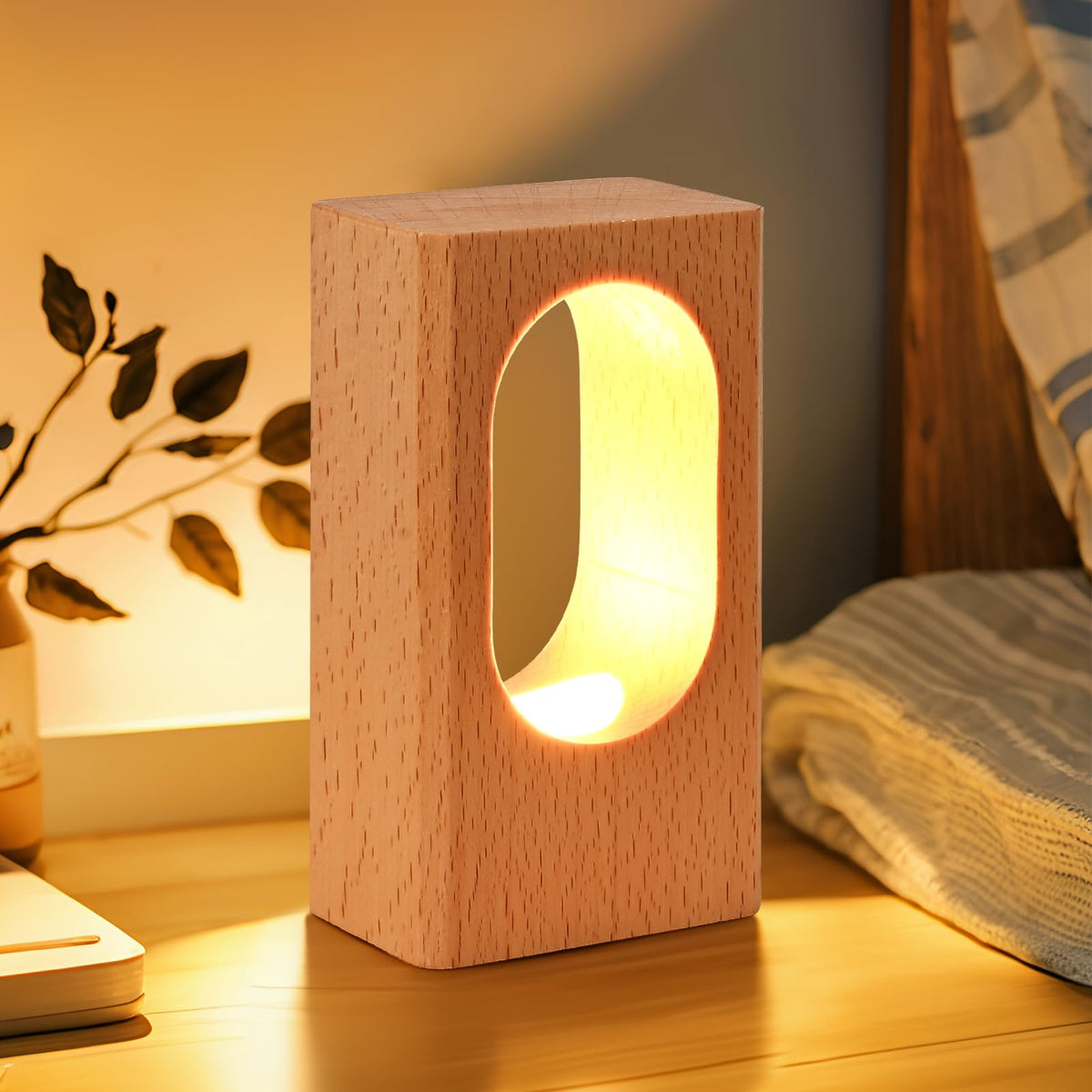 YIEONSHION LED Wood Desk Lamp, Dimmable Bedside Night Light for Bedroom, Creative Wooden Table Lamp, Warm Ambient Lighting, Unique Home Decor & Housewarming Gift