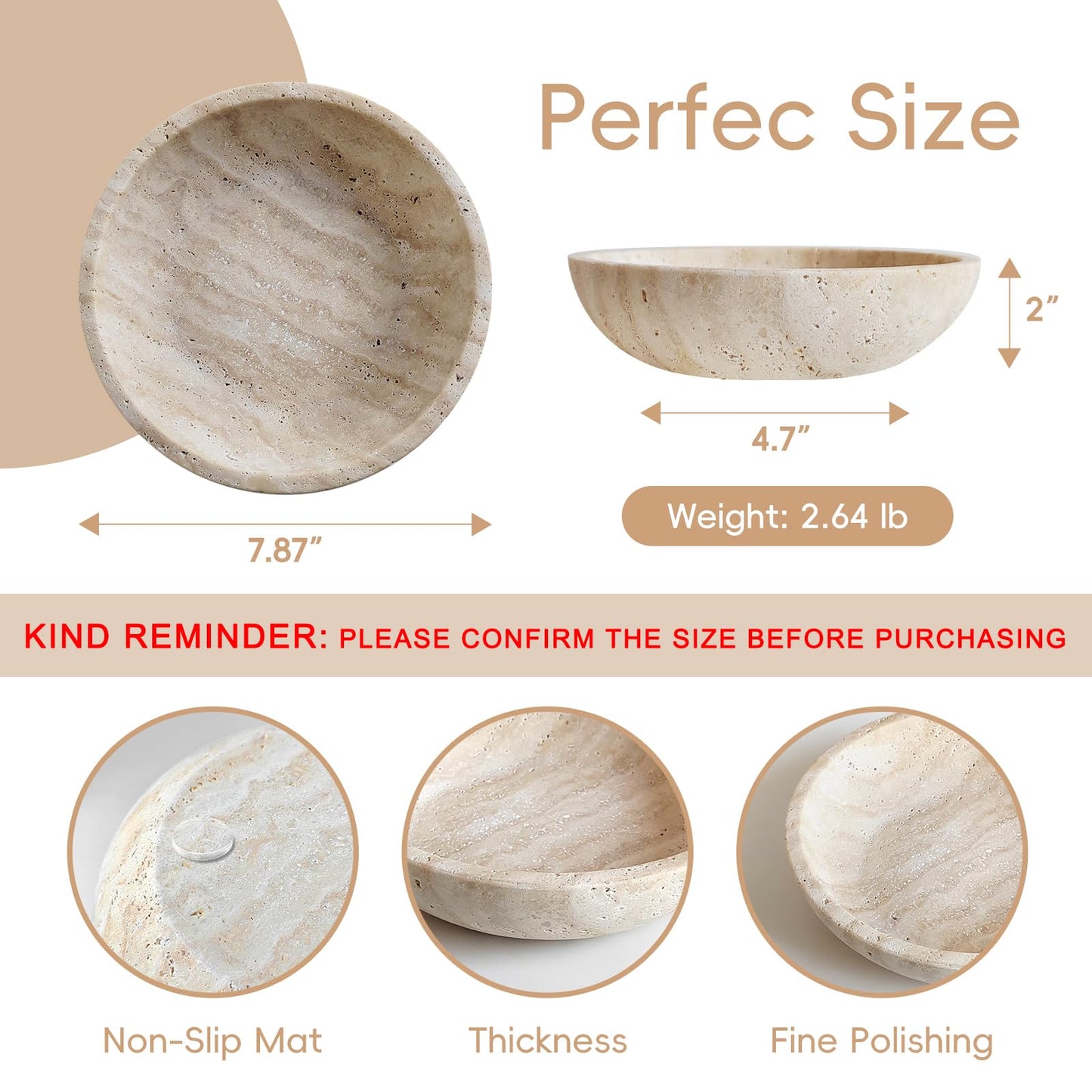 SZGYCSM Travertine Bowl,Decorative Bowl Modern Key Bowl for Entryway Table, Pedestal Bowls for Dining Table Center,Living Room, Kitchen Decor Modern Home Decor Marble Bowls (7.8 Inch)