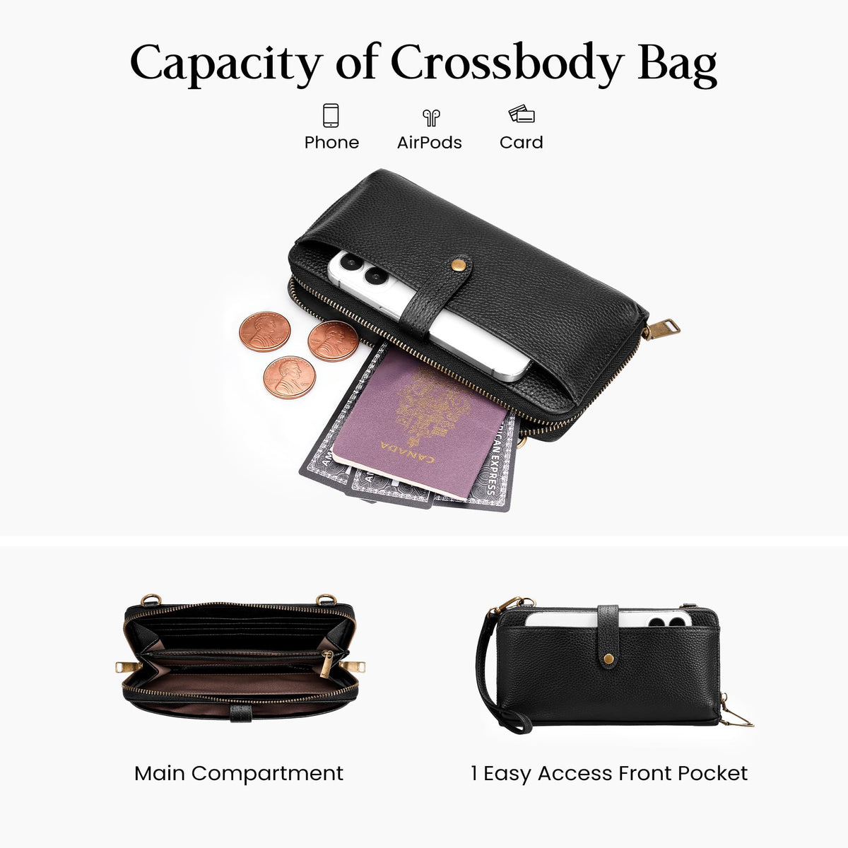 befen Genuine Leather Wristlet Wallets for Women, Black Cell Phone Purse with Built in Wallet Soft Real Leather Crossbody Bag with RFID Blocking Travel Small Cluth Purse with Wrist and Crossbody Strap