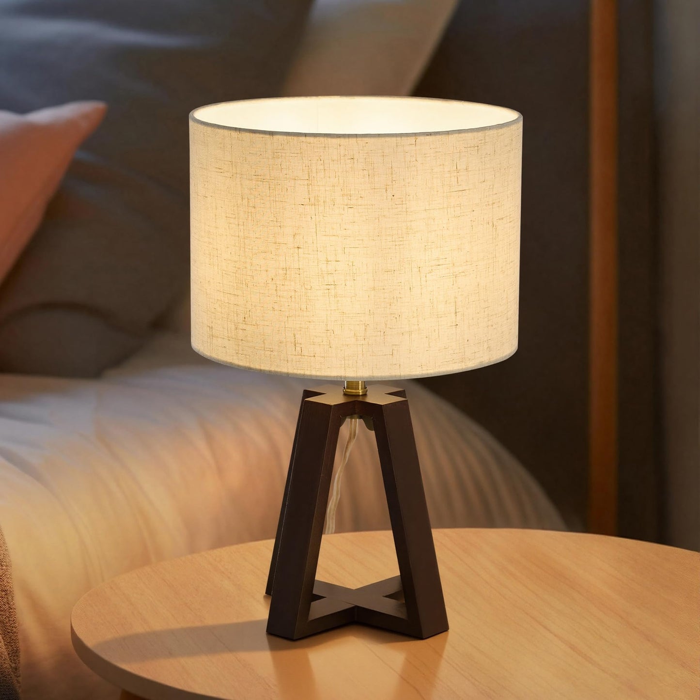 Booniture Cross-Base Table Lamp, Small Bamboo Bedside Lamp with Beige Linen Lampshade, Boho Modern Nightstand Lamp for Bedroom Living Room Office,E26 Socket (Walnut Color)