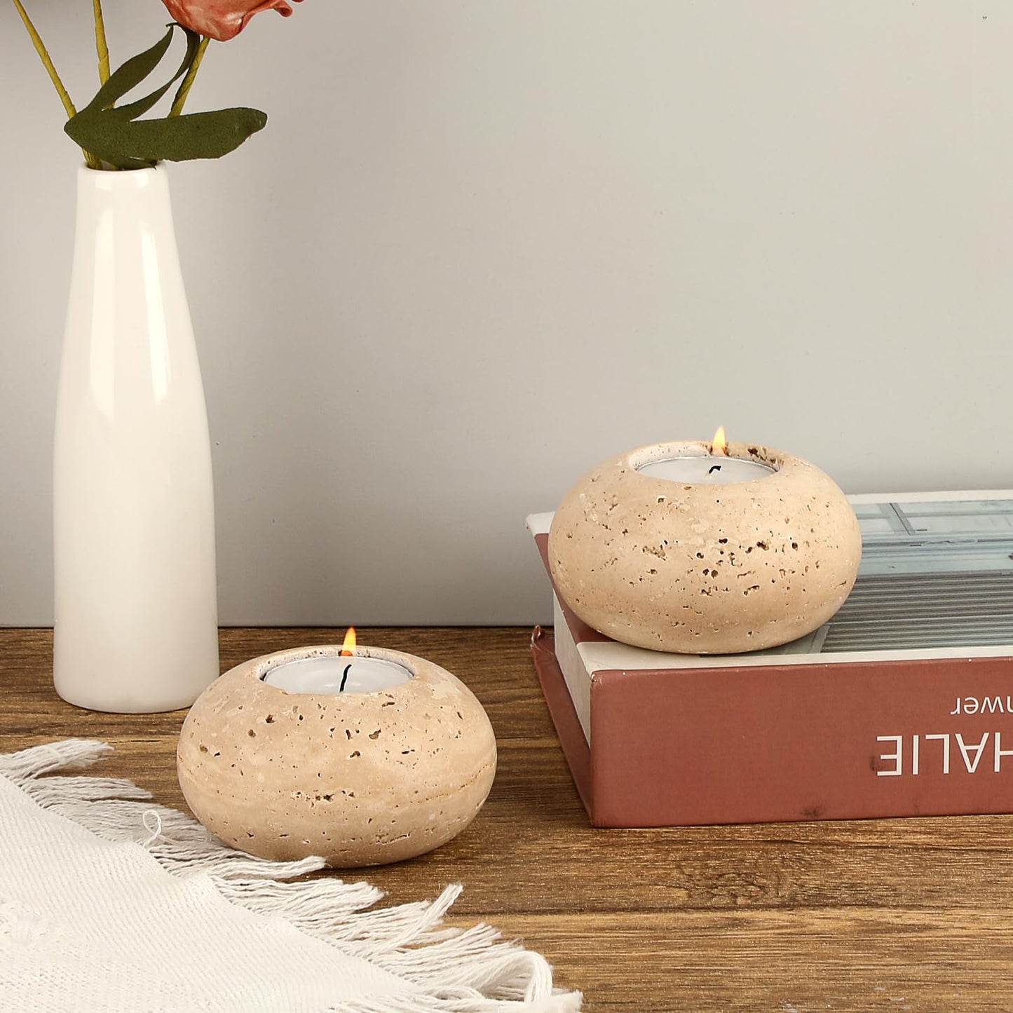 OwnMy 2PCS Travertine Candle Holders Decorative Stone Tealight Candle Holders Set, Elegant Travertine Votive Candle Stands for Dining Table Centerpieces Wedding Home Decors, 4" Dia x 2.2" H