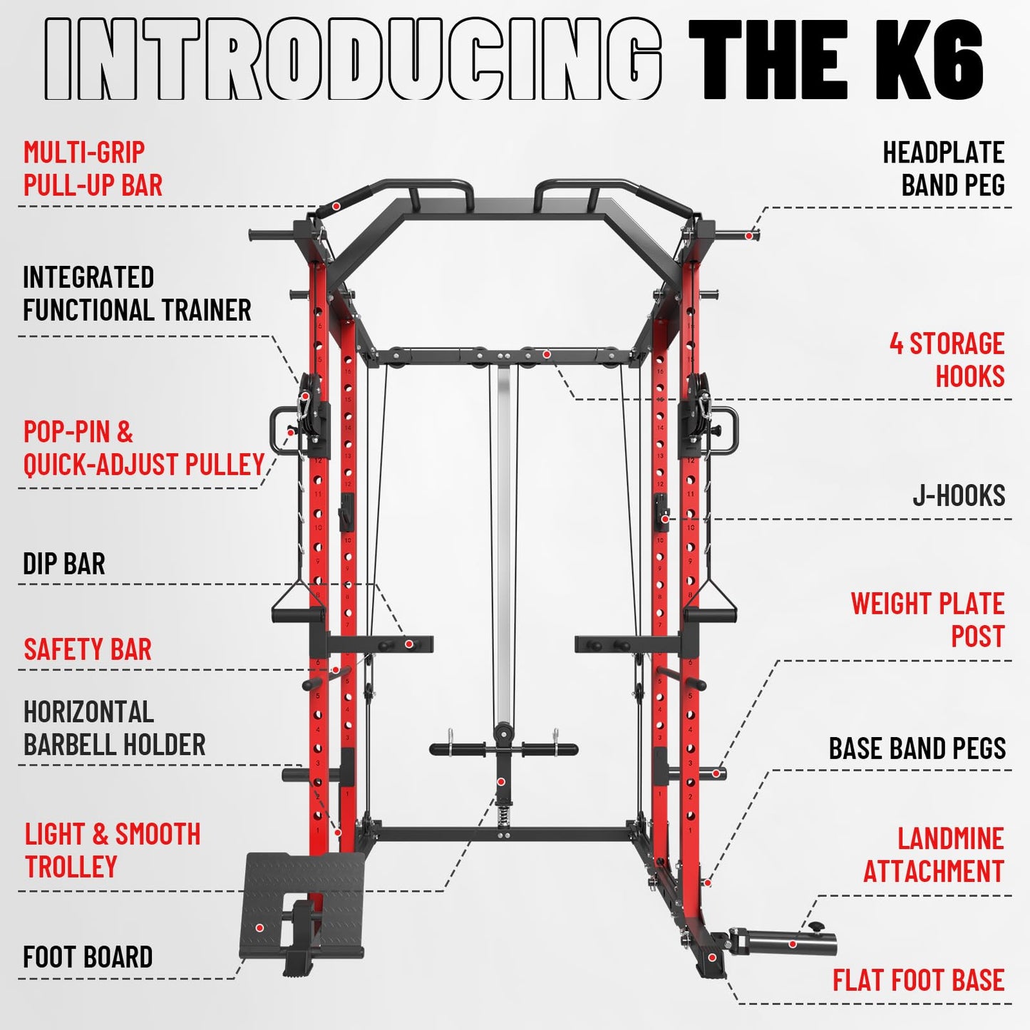 Mikolo K6 Power Cage, Power Rack with Cable Crossover System, Home Gym Packages with Weight Bench, Olympic Barbell, 230b Rubber Weight Set-Red