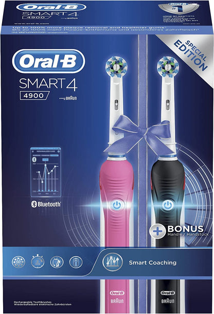 Oral-B Smart 4 2x Electric Toothbrushes For Adults, Mothers Day Gifts For Her / Him, App Connected Handles & 2 Toothbrush Heads, 3 Modes with Teeth Whitening, 2 Pin UK Plug, 4900, Pink/Black