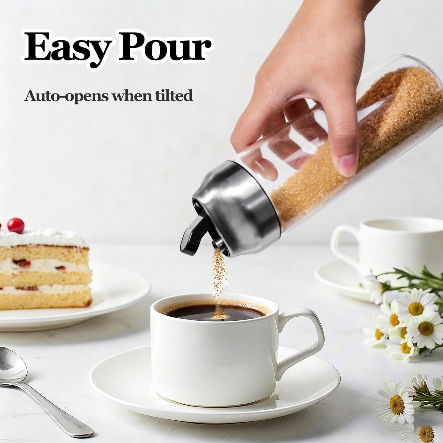 14oz Glass Sugar Dispenser with Spout - Refillable Pour Shaker for Coffee Bar, Tea Station & Table - Large Airtight Sugar Container for Kitchen Counter