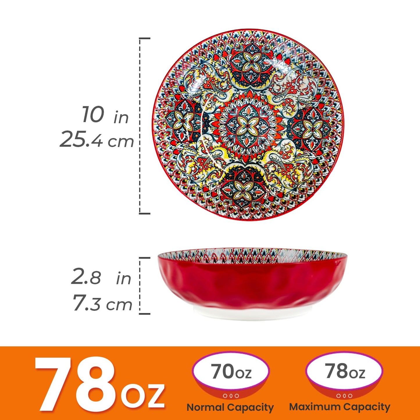 Zohsfbet Large Serving Bowls, 10 inch Porcelain Bowls,75 Oz Fruit Salad Soups & Pasta Bowls for Entertaining, Dinner, Party - Stylish Decorative Dishes, Set of 2, Microwave & Dishwasher Safe - RED