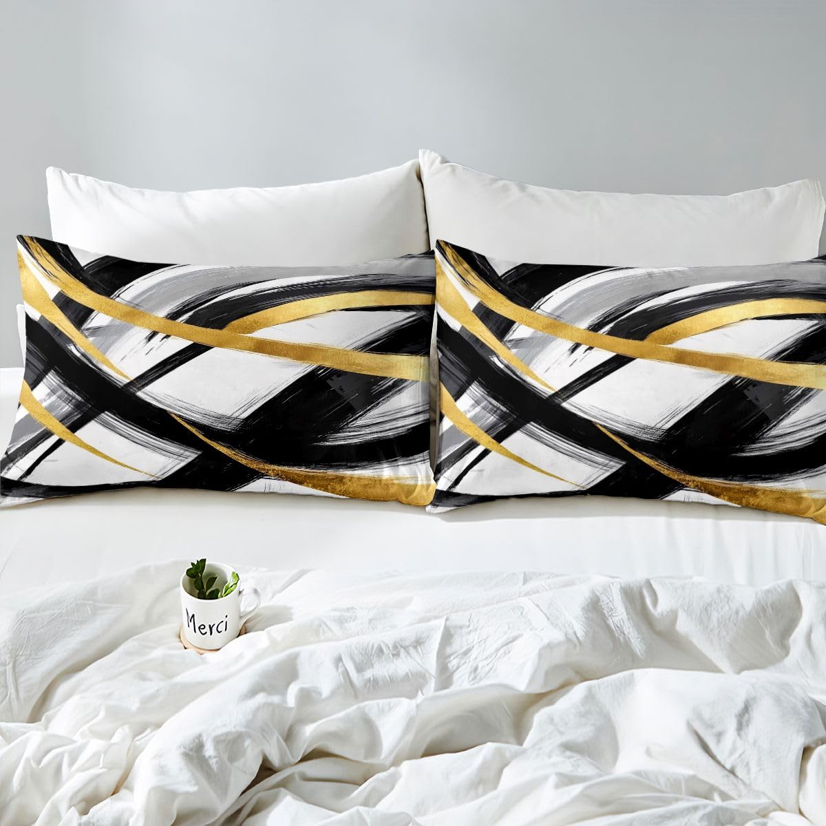 jejeloiu Black Gold Comforter Set Queen Size Geometric Bedding Set for Kids Boys Girls Stripe Line Duvet Quilt Modern Abstract Bedroom Decor Microfiber 3 Pcs with 2 Pillow Cases