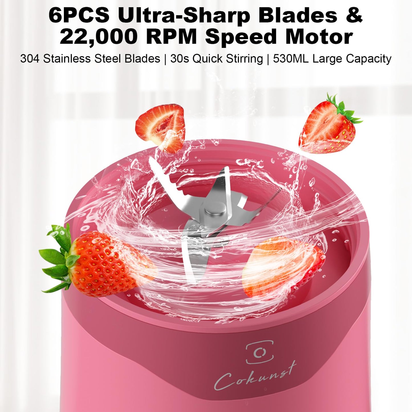 COKUNST 18oz Portable Blender, USB Rechargeable Personal Size Blenders, Smoothie Blender with 6 Blades for Protein & Shakes, Mini juicer with Extra Handle Lid for Travel Sports Outgoing