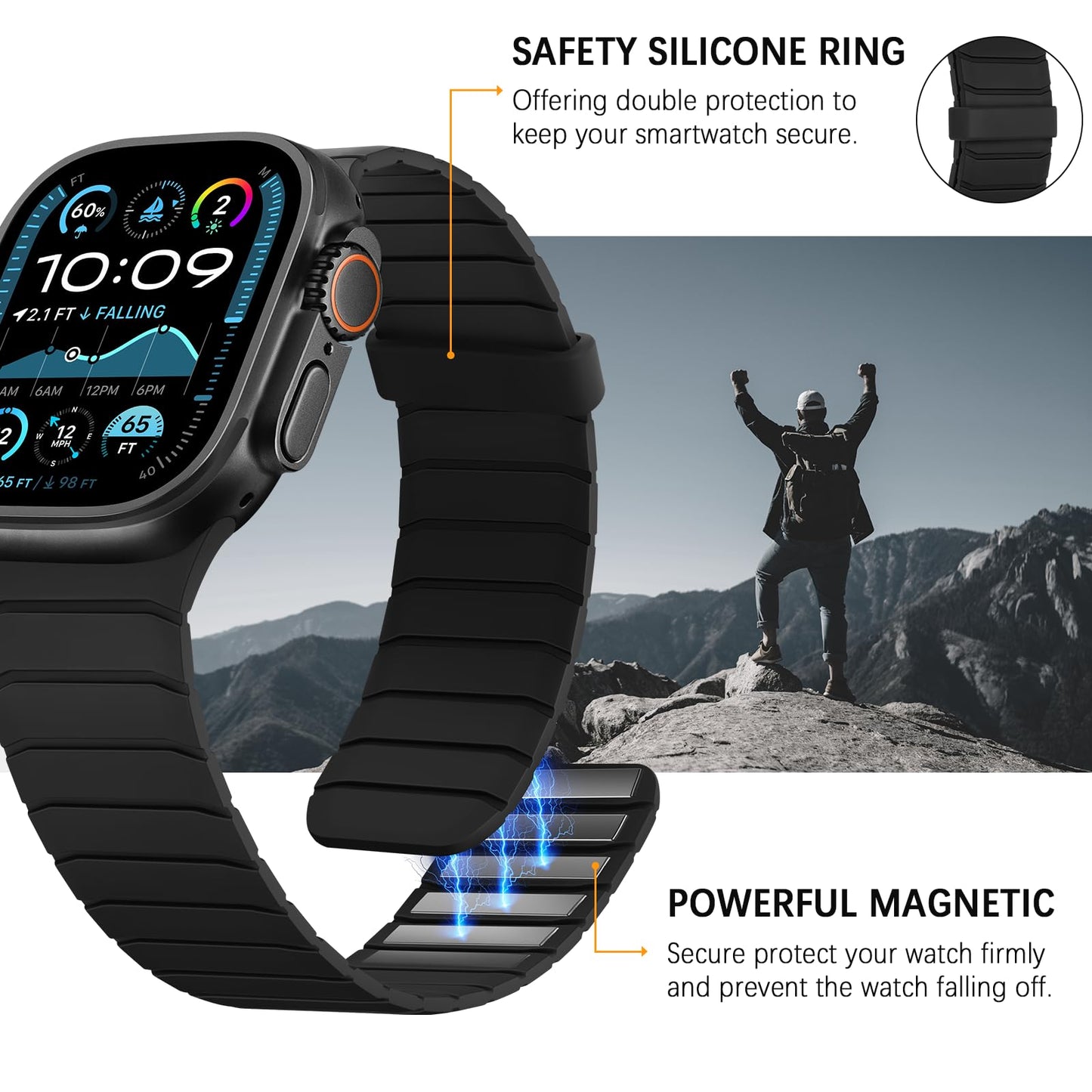 Sixmoat Magnetic Silicone Straps Compatible with Apple Watch 49mm 46mm 45mm 44mm 42mm, Soft Sport Wristband for Men Compatible with iWatch Ultra3 2 1 SE Series 11 10 9 8 7 6 5 4 3, Black