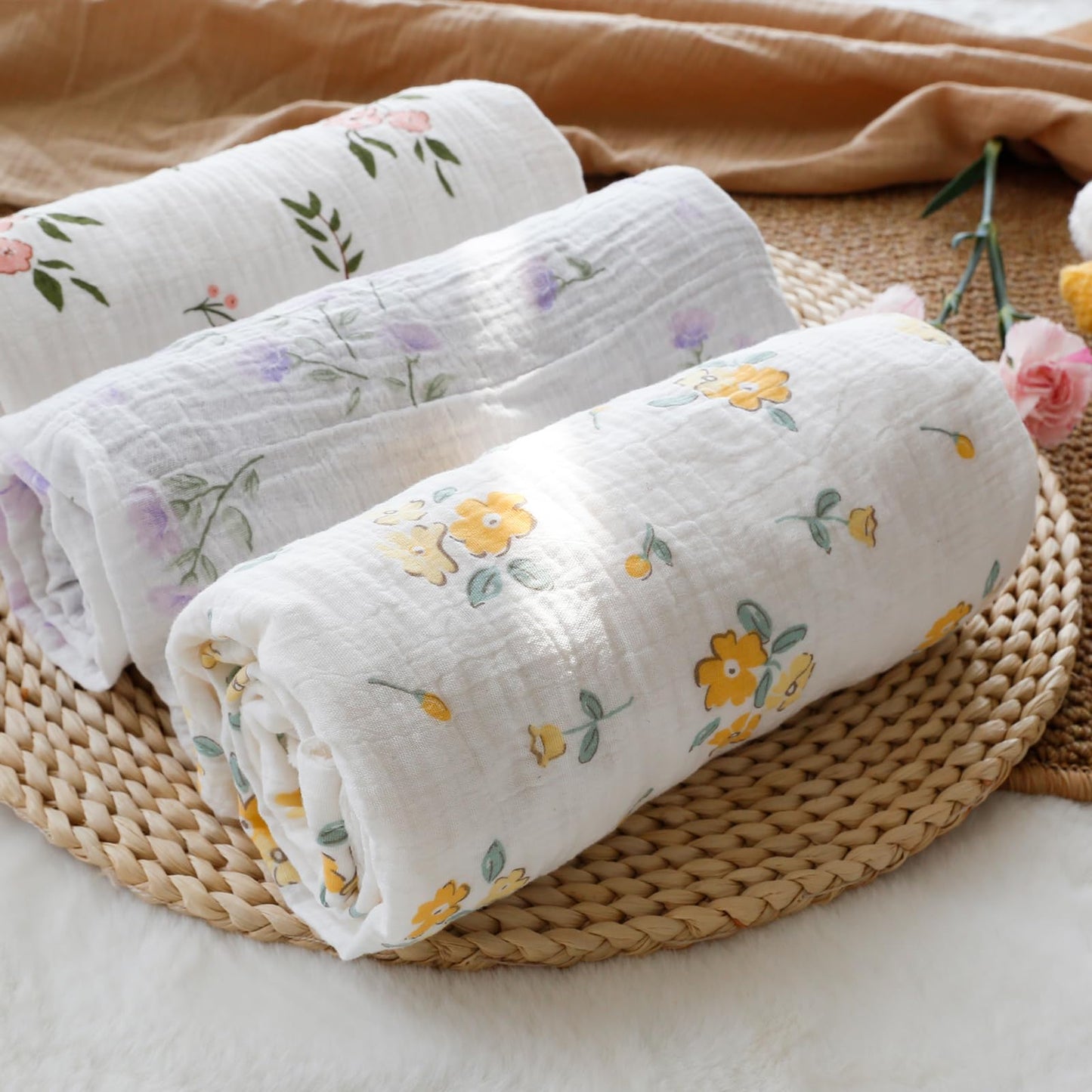 BOPRIO Baby Blankets for Unisex Boys Girls Super Soft Nursery Minky Blankets with Breathable Muslin Cotton Front and 3D Touch Dotted Fleece Backing, Floral Printed Bed Throws Newborn 30 x 40 Inch