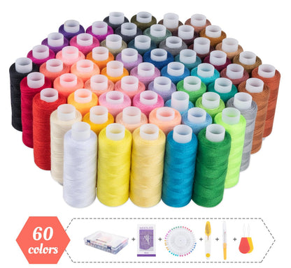 ilauke Sewing Thread Set 60 Color 228m Each Spool Polyester Thread Kit with 10 Sewing Needles, 2 Needle Threader, Yarn Scissors, Stripper and Pearl Needle for Hand or Machine Sewing