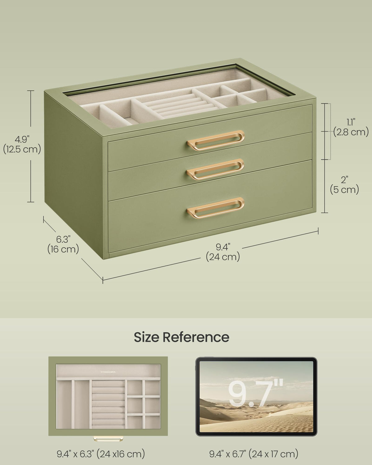 SONGMICS 3-Layer Jewelry Box with Glass Window, Jewelry Storage Organizer with 3 Drawers, Golden Handles, for Rings, Earrings, Bracelets, Gift Idea, Sage Green, 6.3 x 9.4 x 4.9 Inches UJBC206CE01S