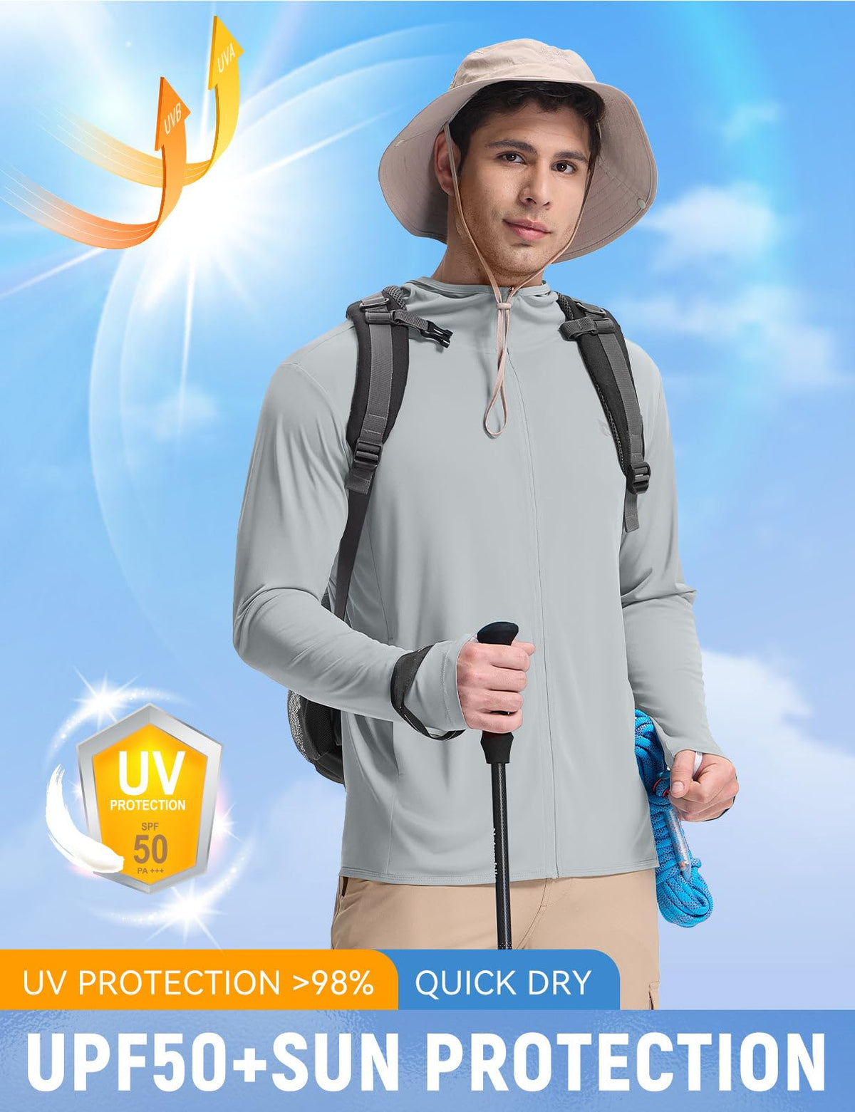 baleaf Men's UPF 50+ Sun Protection Hoodie Full Zip Jacket Lightweight Long Sleeve Cooling Shirts Pockets Hiking Fishing Light Gray M