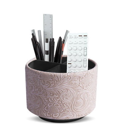 lizimandu Round Leather Art Supply Organizer,Remote Control Holder,360 Degree Spinning,Multi-Functional Pencil Holder,4 Compartments Desktop Stationary Organizer(1-Carved White)