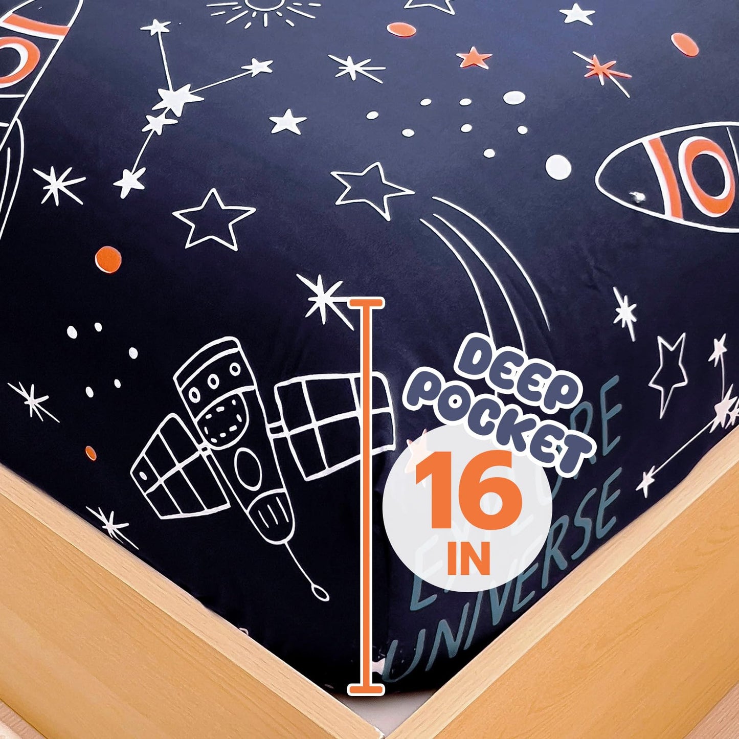 Homilay Full Sheet Set Kids - Navy Blue 4 Pieces Soft Microfiber Cartoon Style Bedsheets for Boys Girls Teens, Oeko TEX Breathable 15 Inch Deep Pocket Sheets(Space Rocket)