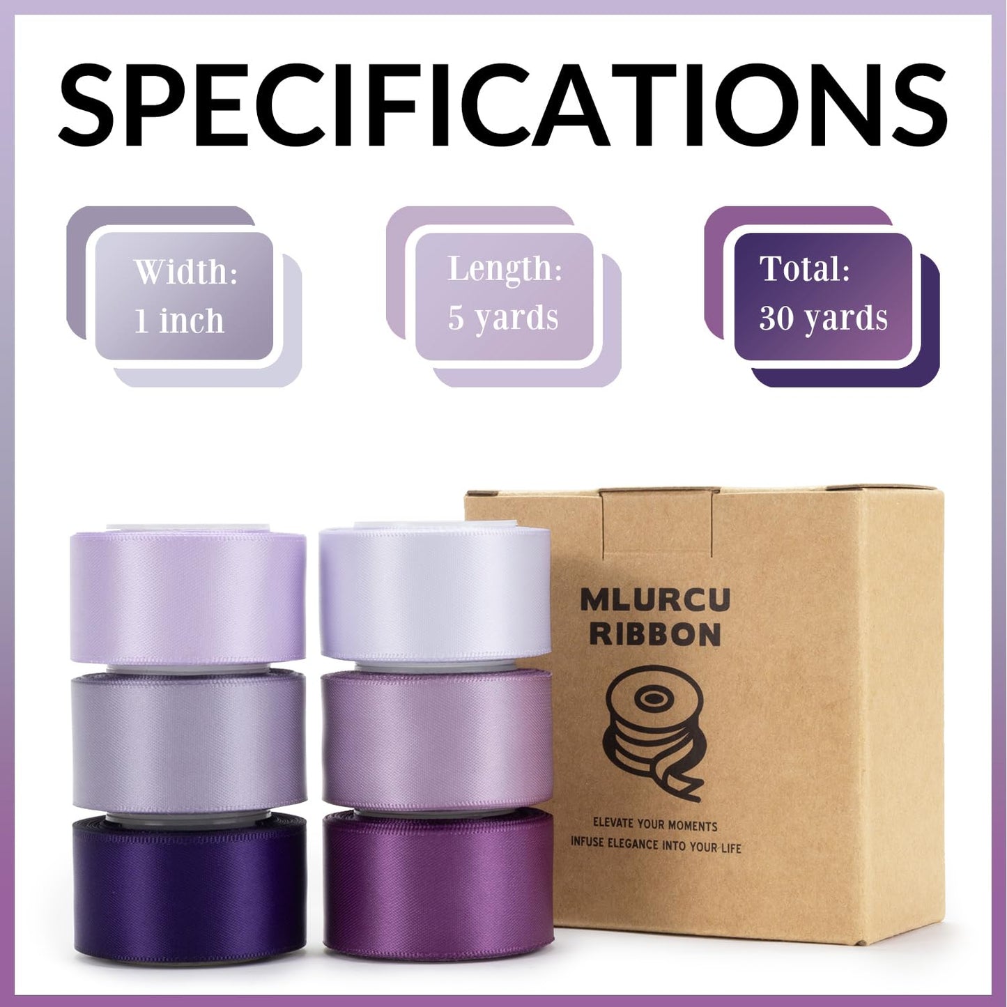 Purple Ribbon 1 Inch Lavender, Lilac, Amethyst, Dark Purple Double Faced Satin Ribbon for Flower Bouquet, Gift Wrapping, Wedding Invitation, Bows, Crafts, Gift Bags - 30Yards