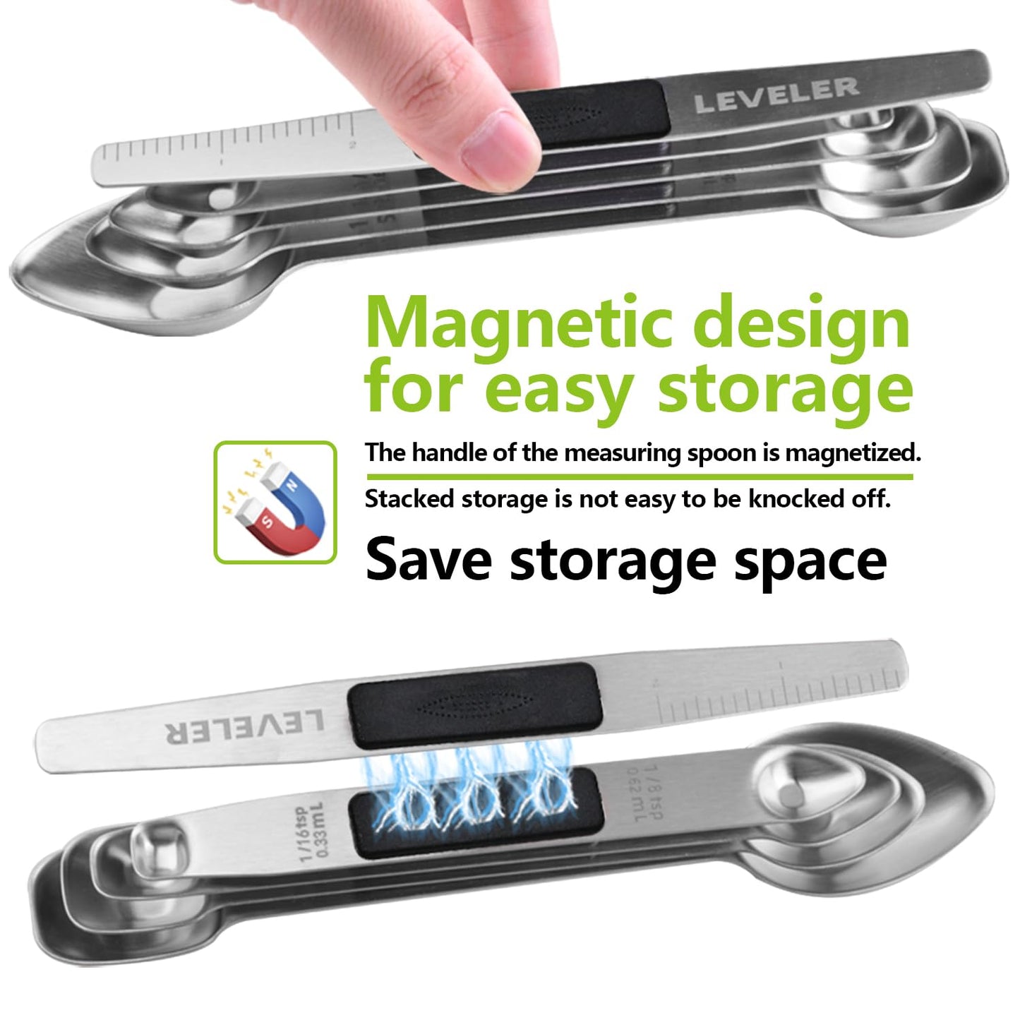 Stainless Steel Magnetic Measuring Spoons Set, Heavy Duty Metal Kitchen Gadgets for Baking & Cooking, Fits in Most Kitchen Spice Jars, Set of 4 with Leveler (Black)