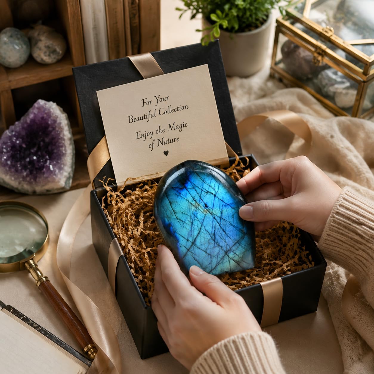 Wemeki Natural Labradorite Stone, Polished Blue Labradorite Crystal Stone, Healing Crystal Labradorite Gemstone for Home Decor, Meditation, Crystal Collection (0.6-0.9 LB)