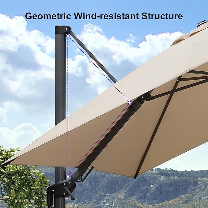 PURPLE LEAF 8.2' X 11.5' Tilting Patio Umbrella with Base Outdoor Cantilever Swivel Rectangle Umbrella Aluminum Offset Umbrella with 360-degree Rotation for Garden Deck Pool Patio Beige