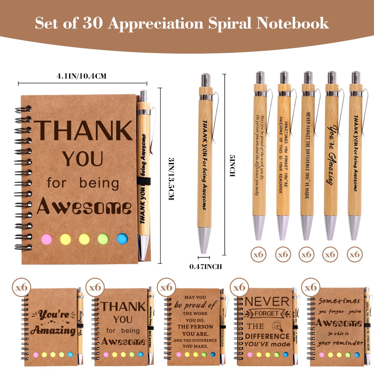 30 Sets Employee Appreciation Gifts Bulk Team College Graduate Thank You Gifts Inspirational Spiral Notebook with Sticky Note Motivational Bamboo Ballpoint Pens for Nurse Teacher Employees Coworker