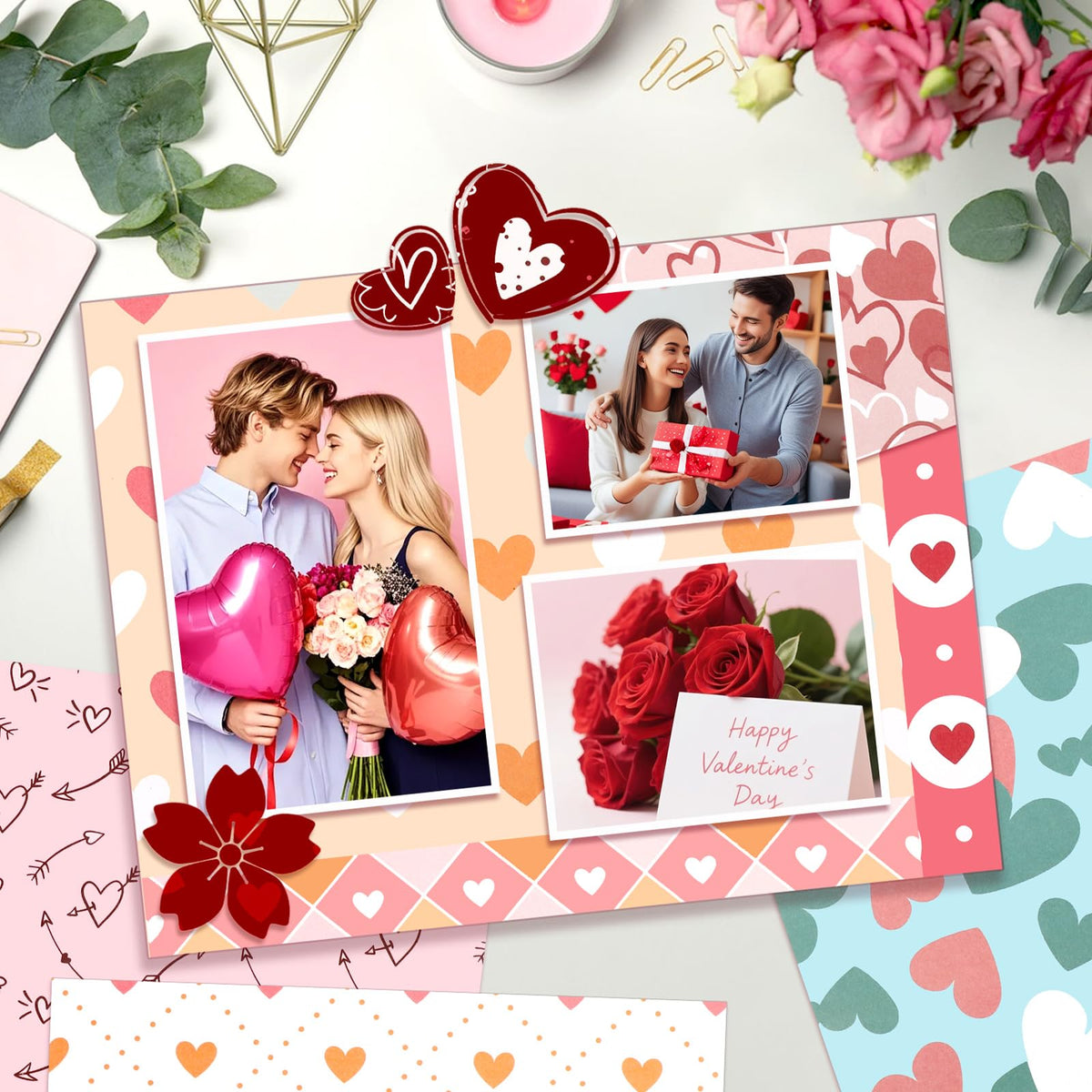 Konsait 24 Sheet Valentine's Day Pattern Paper Love Scrapbook Supplies Single Sided 6x6 Scrapbook Paper Valentine Supplies for Diy Making Greeting Cards and Decorating Photo Albums