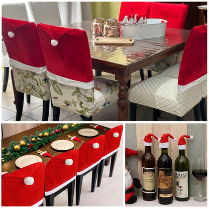 VADOO Christmas Chair Covers, 6PCS Santa Hat Chair Covers with 6 Pcs Silverware Holders Red Hat Dining Chair Slipcovers Christmas Chair Back Covers for Party Holiday Festival Decoration