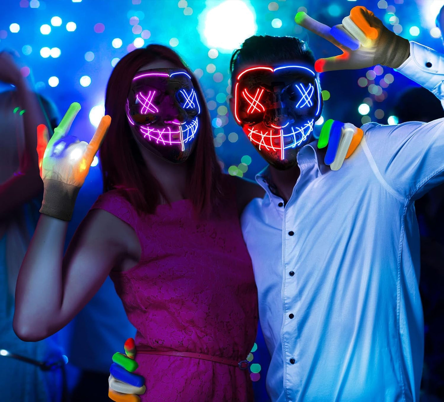 AnanBros Scary Halloween Mask Skeleton Gloves Costumes for Men, 3 Modes Purge Mask Light Up 6 Modes LED Glow Gloves, LED Anonymous Scream Halloween Mask, Halloween Costumes for Boys Kids Adult