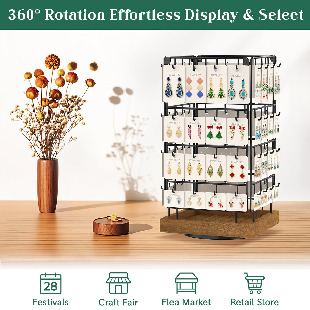 EsLuker.ly Rotating Earring Display Holder Stand for Vendors Events Selling, Large Capacity 64 Hooks Jewelry Rack with Wooden Base for Earring Card Sales, Enhances Retail Display Visibility