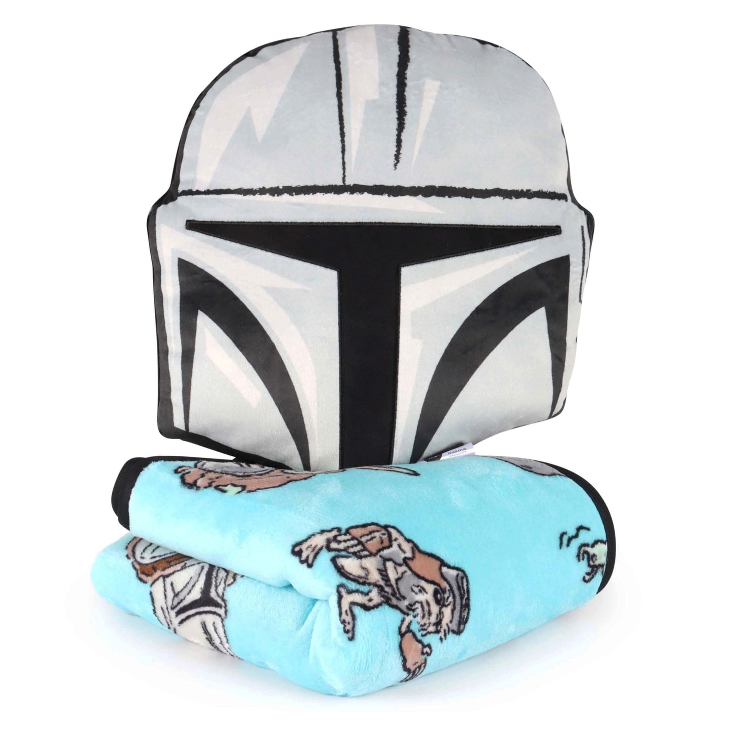Jay Franco Kids Nogginz Set – 12" Inches Nogginz Pillow & 40" x 50" Inches Cozy Plush Throw Blanket, Ultra-Soft Character Nap Set for Travel, Bedroom & Couch Décor, Gray - Star Wars Mandalorian