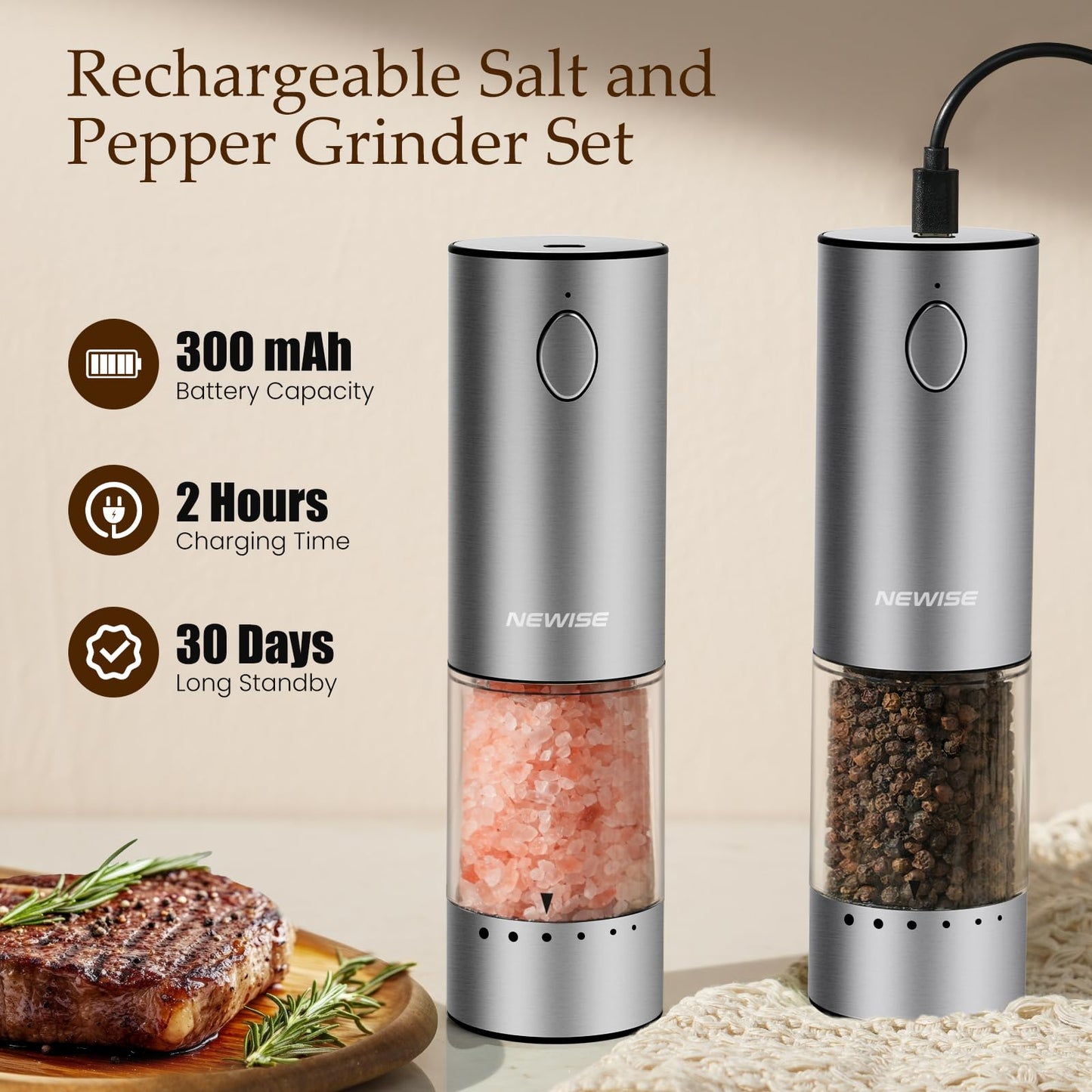 Electric Salt and Pepper Grinder Set - Acacia Wood Base, Rechargeable & Automatic Pepper Mill with LED Lights, Adjustable Coarseness, 95ml Large Capacity for Kitchen