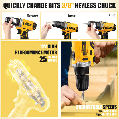 Sundpey Home Tool Kit with Drill - 166-Piece General Basic Home Repair Tool Set with 12V Cordless Power Drill & Battery & Charger & Portable Tool Box for Garden Office House Apartment Repair Men Women