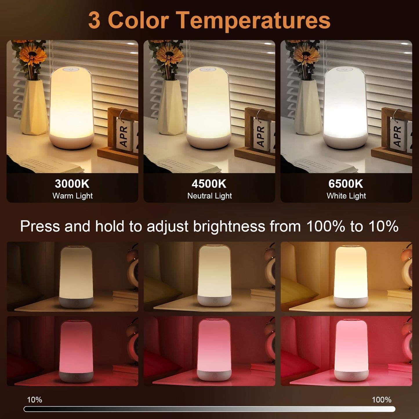 FRIDEKO HOME RGB Touch Bedside Lamp for Nightstand, 3 Color Temperatures Rechargeable Battery Night Light, Dimmable Mood Lighting for Bedroom Living Room Nursery, Breastfeeding, Kids, Adult