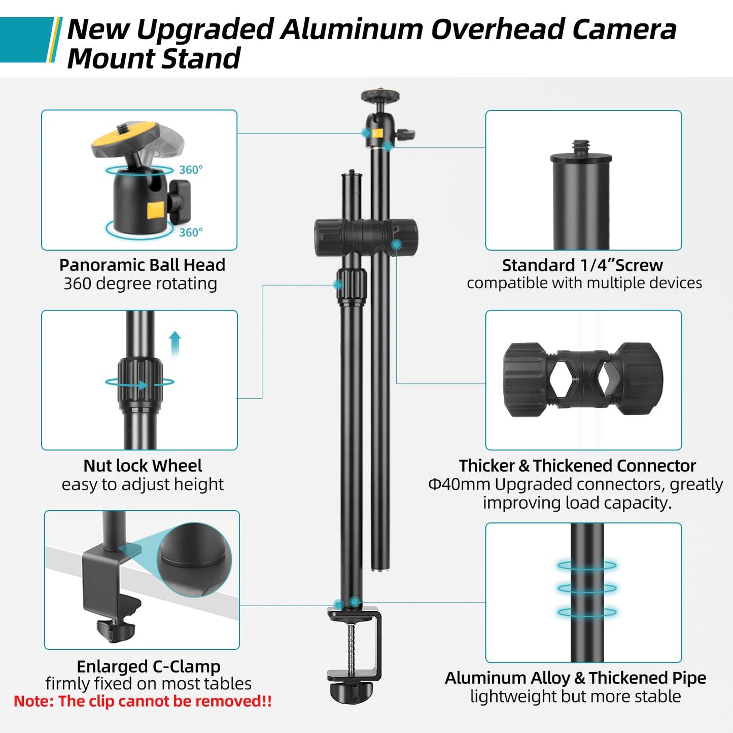 Overhead Camera Mount Desk Stand, Camera Arm Desk Mount Clamp Stand with 360°Adjustable Magic Arm, Webcam Arm Mount Stand w Ballhead Phone Mount for Desk Logitech Microphone Video Light Cell Phone