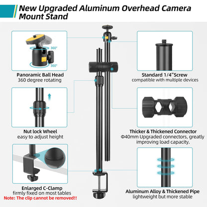 Overhead Camera Mount Desk Stand, Camera Arm Desk Mount Clamp Stand with 360°Adjustable Magic Arm, Webcam Arm Mount Stand w Ballhead Phone Mount for Desk Logitech Microphone Video Light Cell Phone