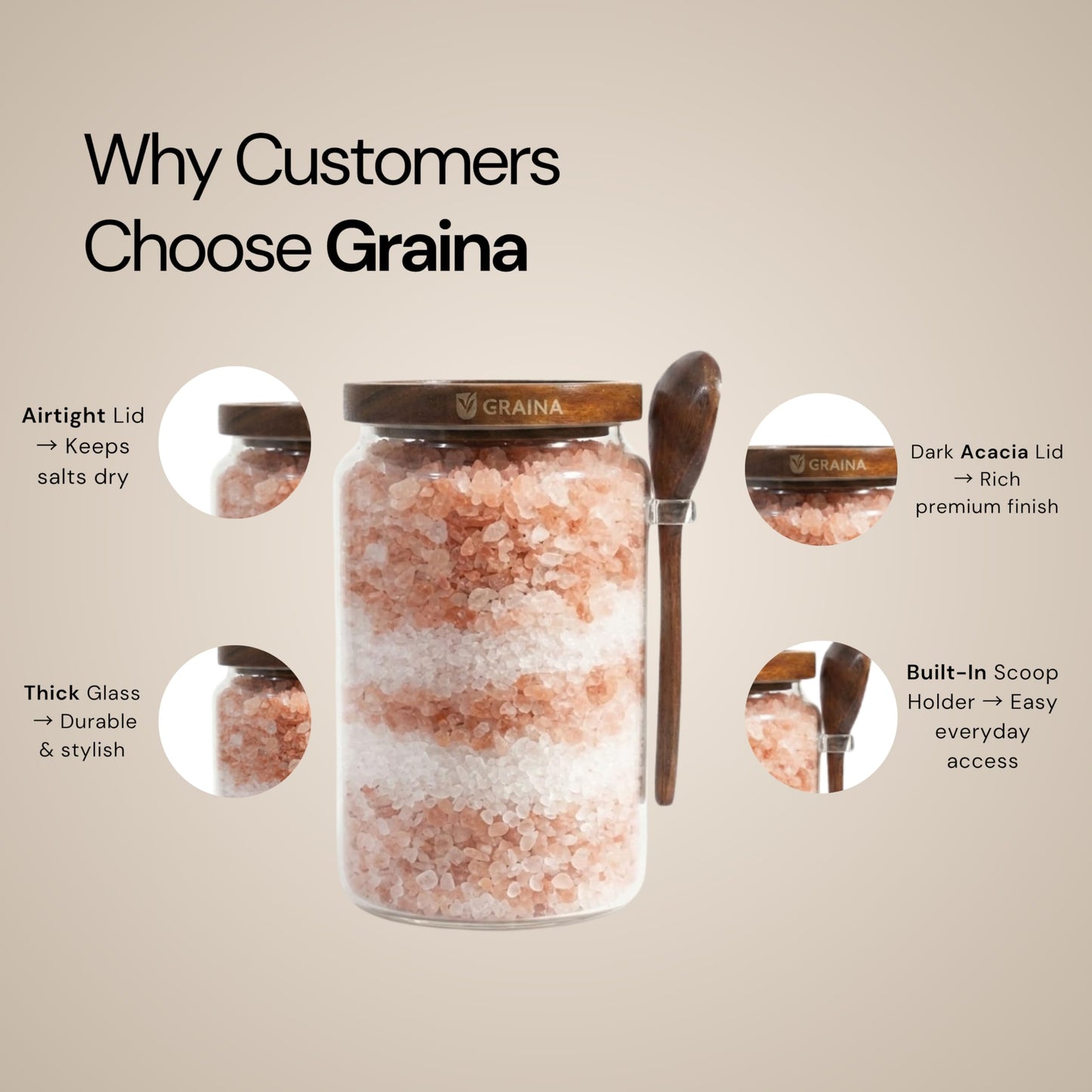Graina Large Bath Salt Container with Scoop | 74 oz Bath Salt Jar with Lid & Scoop | Airtight Glass Canister, Premium Dark Acacia Lid, Bathroom Storage, Sugar & Coffee Canister, Home Storage