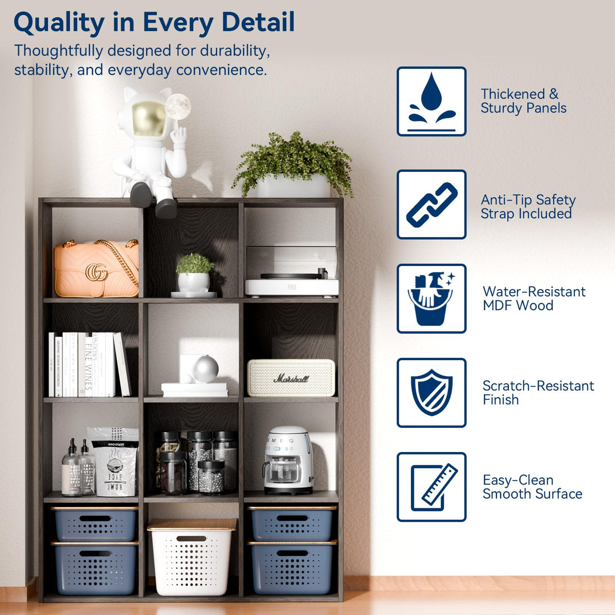 Whitmor 12 Cube Storage Organizer, 4 Tier Stackable Mdf Wood Bookcase, Open Storage Display Bookshelf, Storage Cabinet for Living Room, Bedroom, Home, Office, 35.1"L x 11.7"W x 47.5"H, Espresso