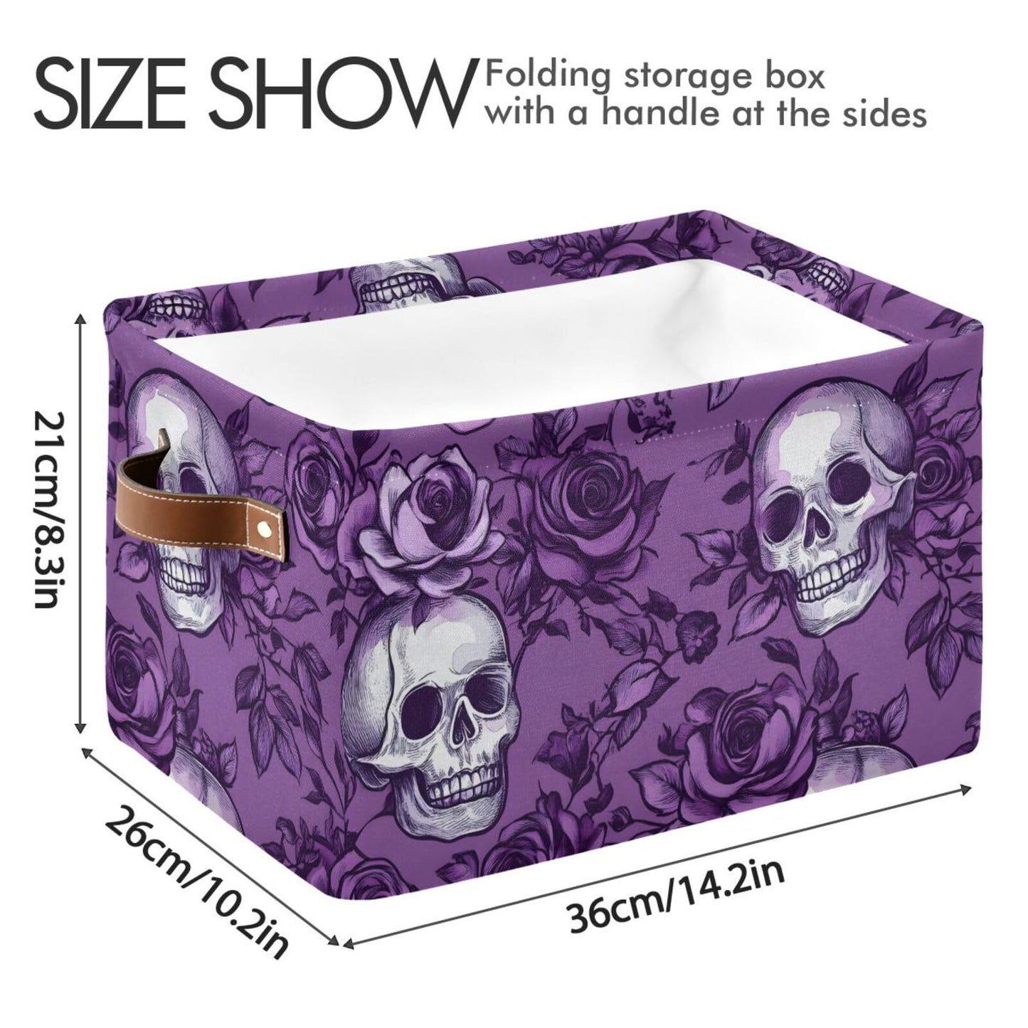 Purple Rose Skull Shelf Storage Baskets,Foldable Storage Bins with Handles,Rectangular Organizer Bin Gift Baskets Decor for Bedroom Home Office