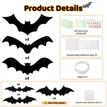 12 Pack Halloween Decorations Hanging Bats - 3 Style Scary Hanging Bat Set with 3D Bats Sticker, Outdoor Scary Flying Bats Set for Yard, Haunted House, Party - Indoor Outdoor Waterproof Decor