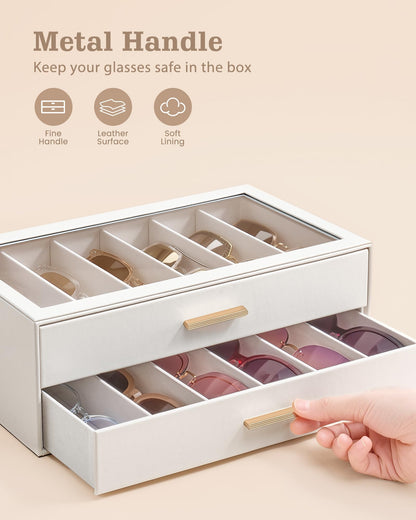 Lolalet 12 Slots 2-Layer Sunglasses Storage Box for Women, Eyewear Eye Glass Sunglass Organizer with Clear Top Lid Display Holder Case for Eyeglass Watch Jewelry, Mothers Day Gifts -Beige
